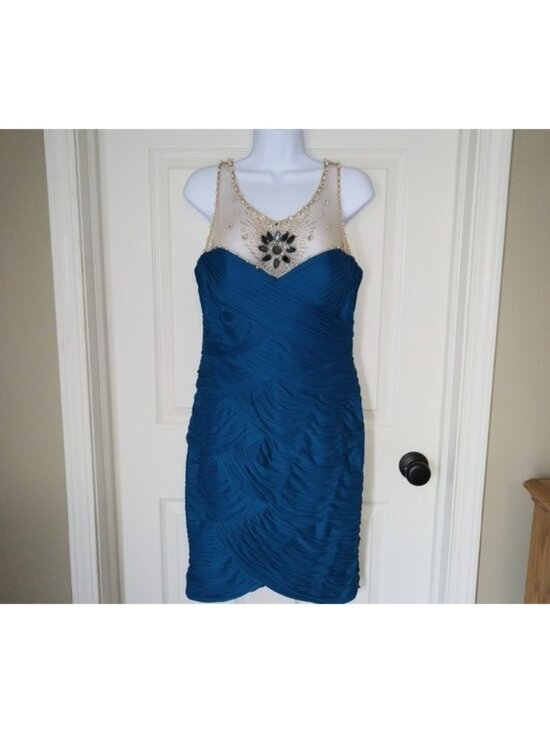 Adrianna Papell Dresses & Skirts - Adrianna Papell Embellished Teal Cocktail Bandage Dress w/Sheer Beaded Yoke 12